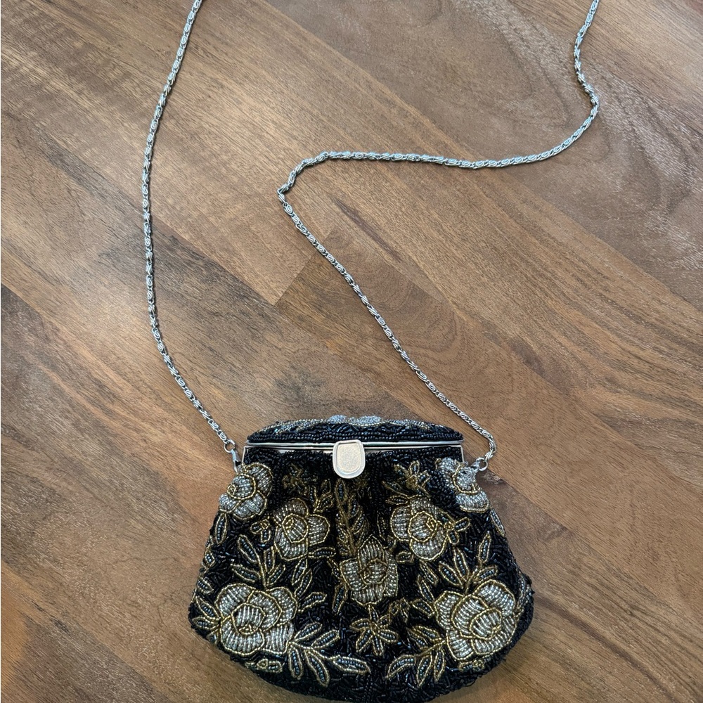 Vintage Black and Gold Beaded Floral Women's Bag
